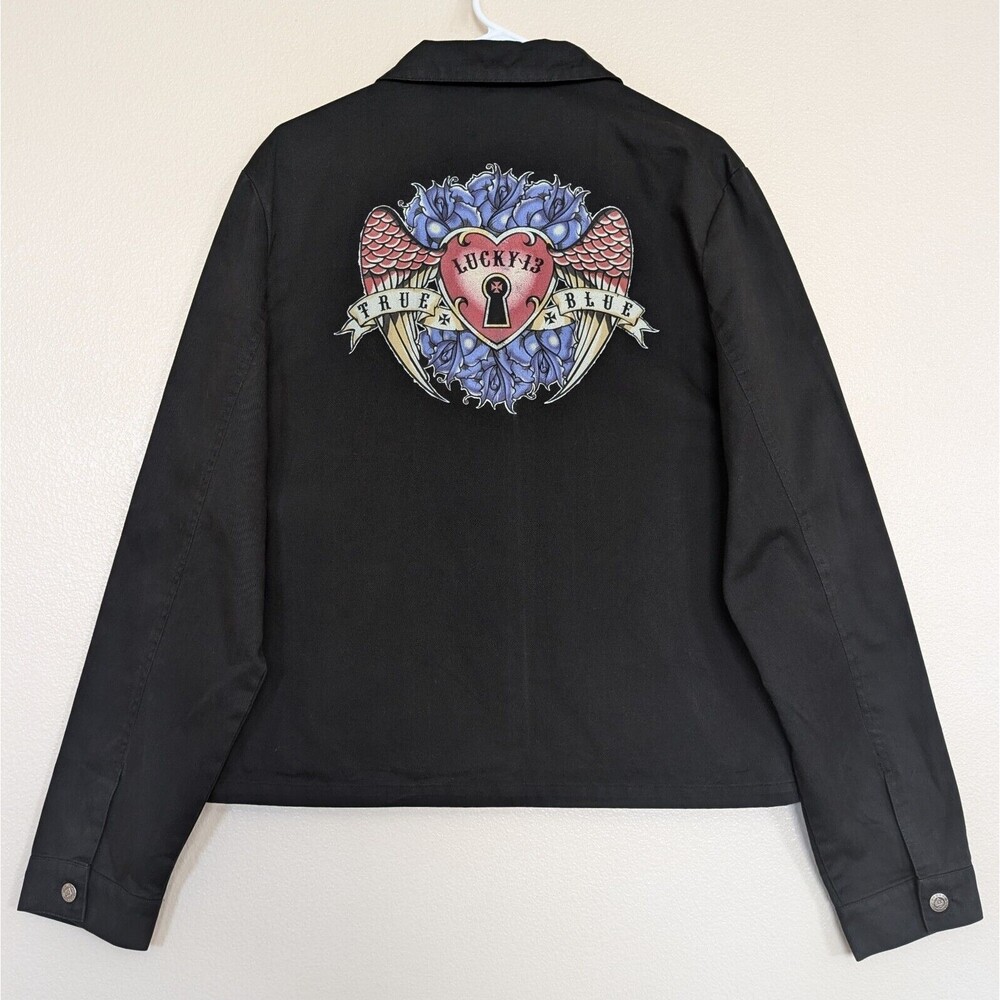 VTG Lucky 13 Collared Lightweight Biker Jacket Women's XL True Blue Angel Wings